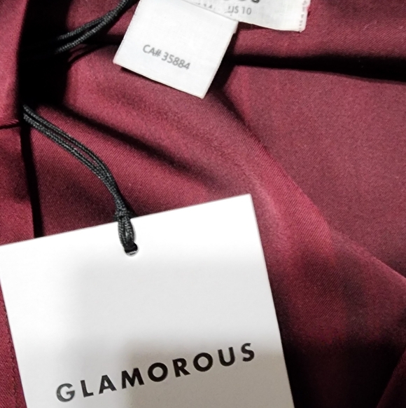 NWT Glamorous Burgundy Satin Feather Trim Wrap Mini Dress Size Large - Picture 5 of 7